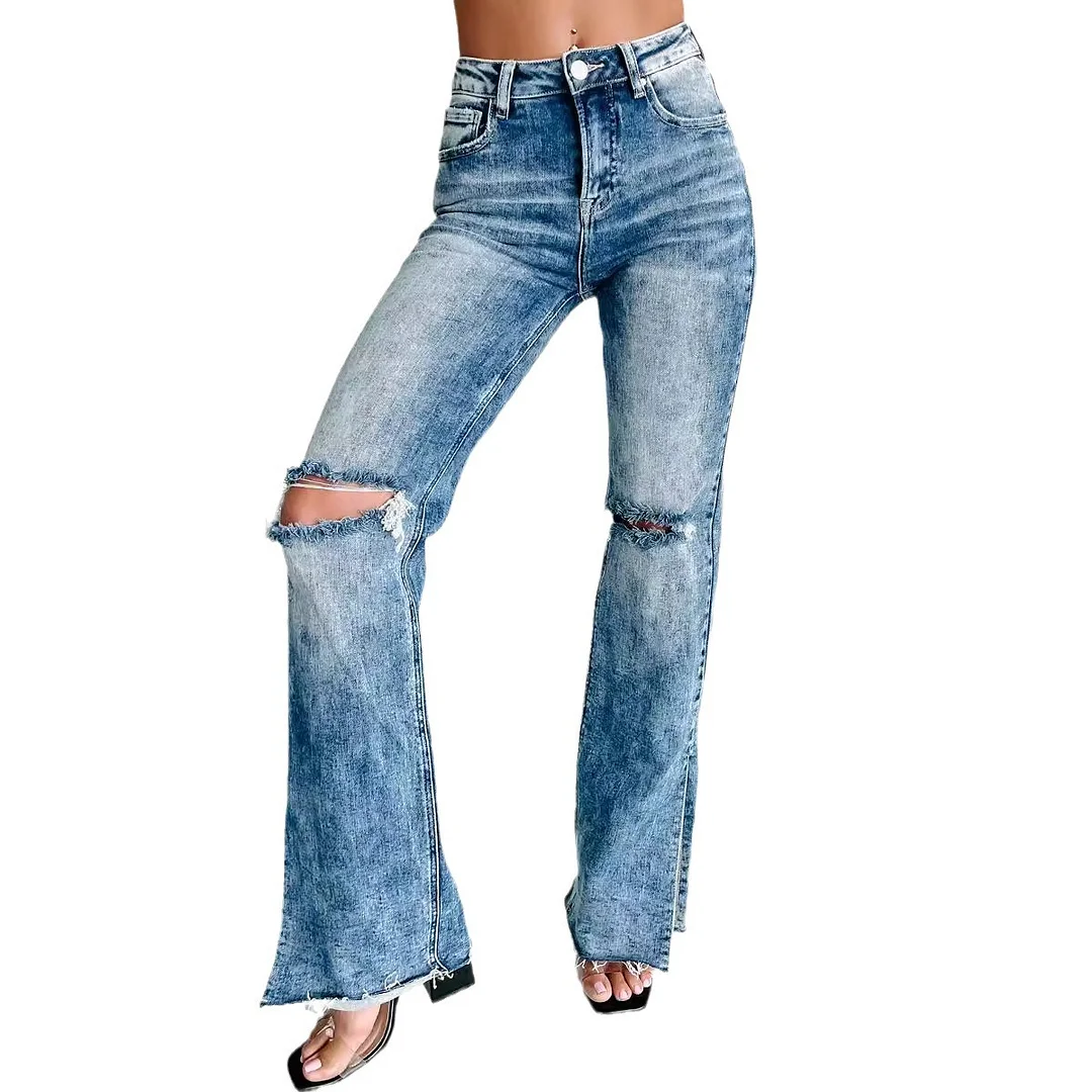 Women's 2024 Ripped High-waisted Straight Split Denim Jeans