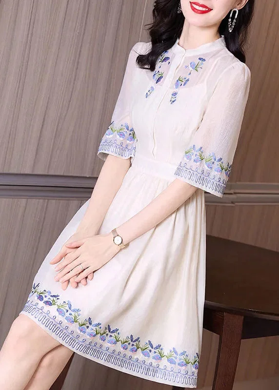 Handmade Apricot Stand Collar Embroideried Floral Slim Mid Dress Short Sleeve