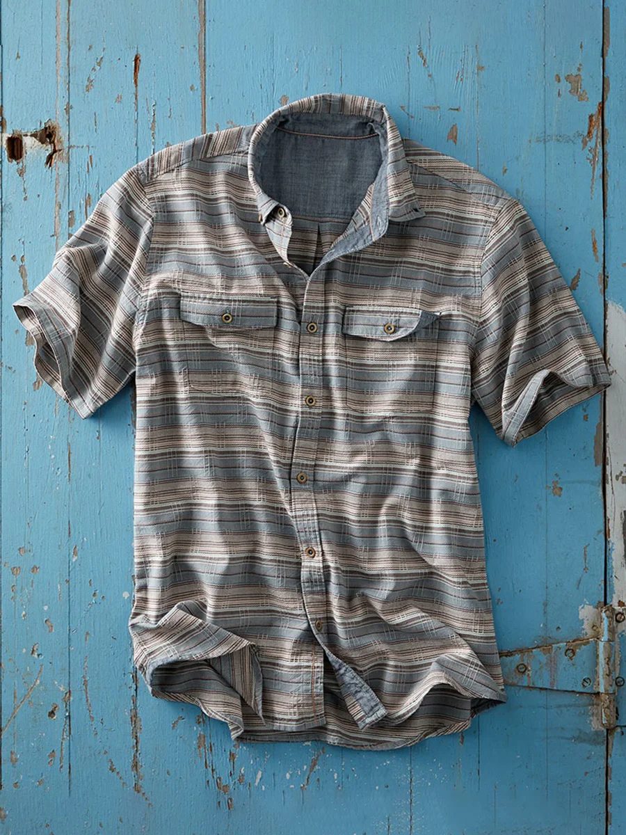 Men's Turn-down Collar Blue Striped Printed Short Sleeve Cotton and Linen Shirt