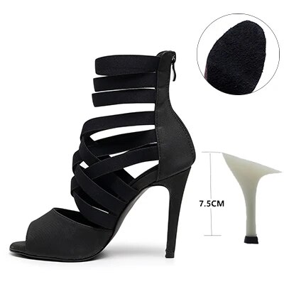 VCshoes Woman Latin Ballroom Black Modern Dance Shoes Suede Rubber Sole Jazz Salsa Cuban Slim Heels Ladies Open Toes Stiletto