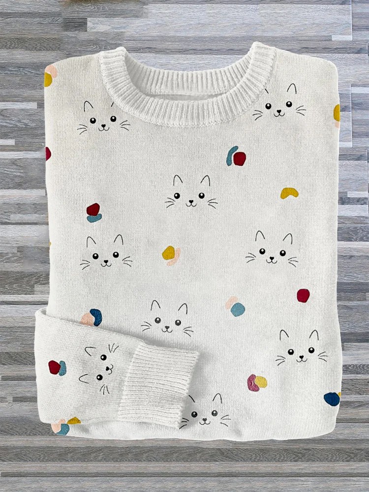 Comstylish Cute Cat Face Graphic Crew Neck Cozy Sweater