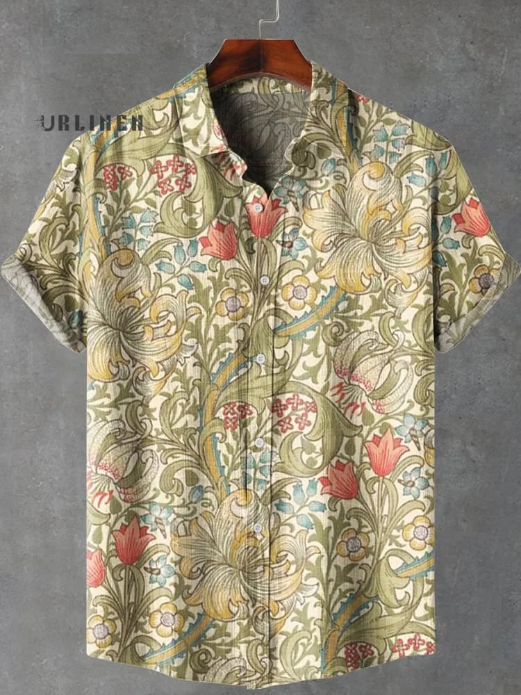 Retro Golden Lily Art Print Lapel Casual 100% Cotton Shirt