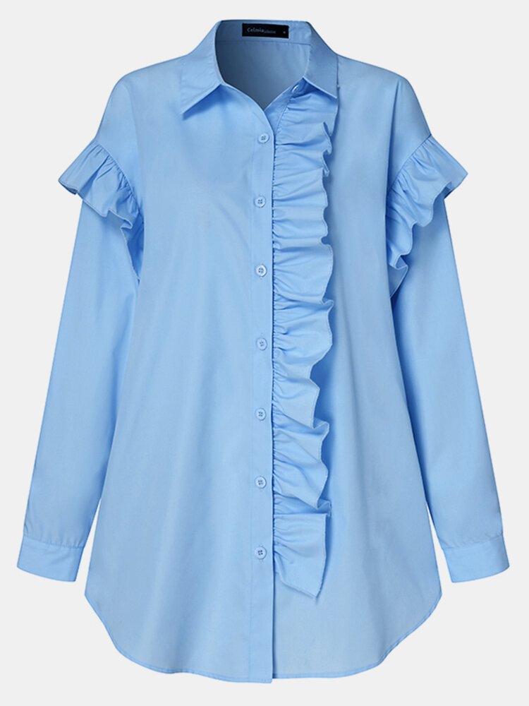 Women Solid Color Ruffle Patchwork Long Sleeve Casual Blouse P1790830