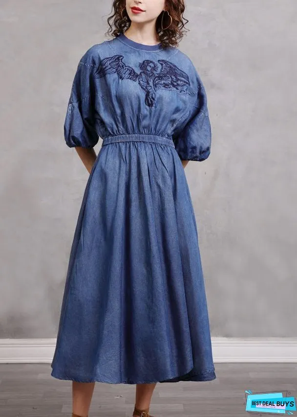 Vintage Blue Embroidered Elastic Waist Long Denim Dress Lantern Sleeve