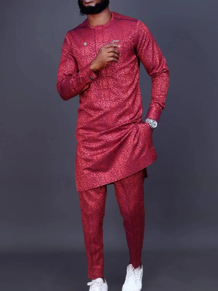 African men's luxury fashion red print long sleeve two-piece set