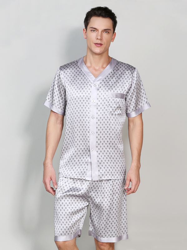 19 Momme Gray Silk Pajamas Short Set For Men