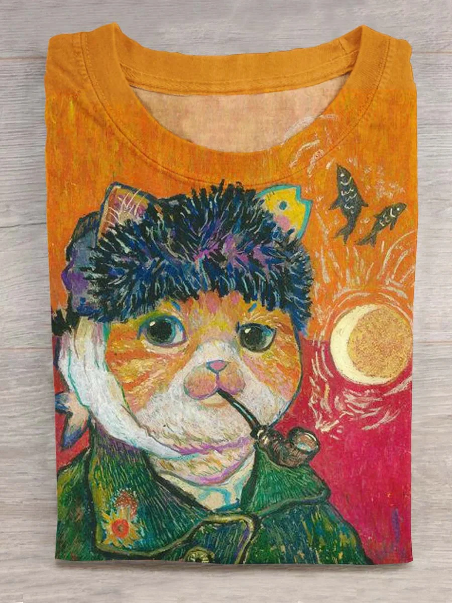 Vintage Funny Van Gogh Cat Art Print Casual T-shirt