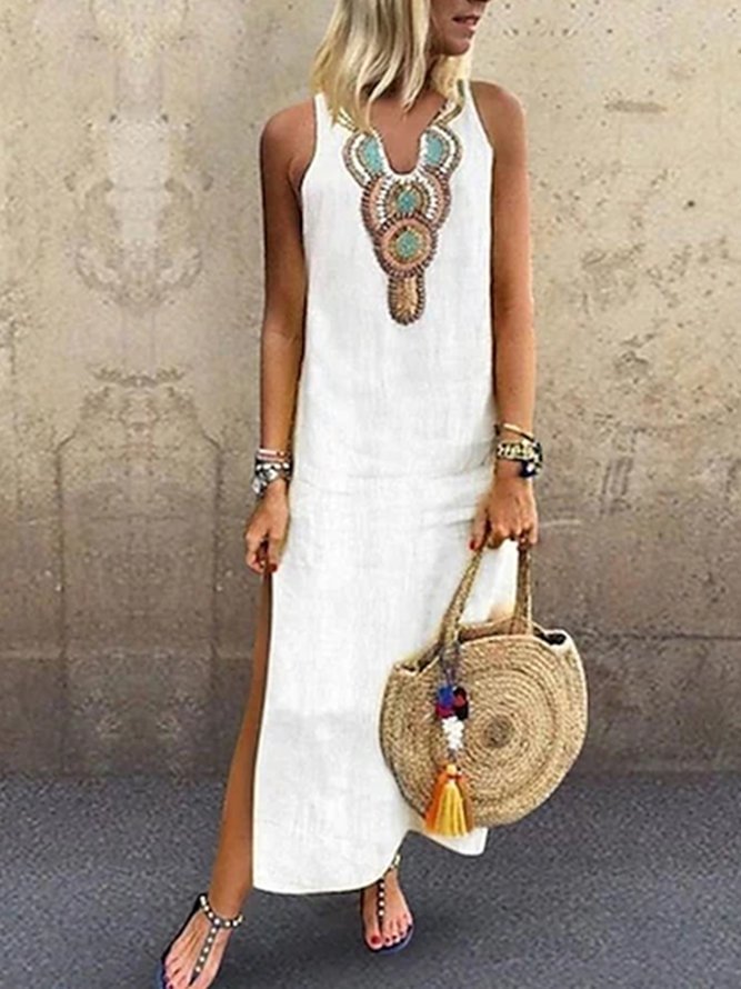 Casual Loosen Vacation Linen Simple Ethnic V Neck Short sleeve Woven Dress D30- Fabulory