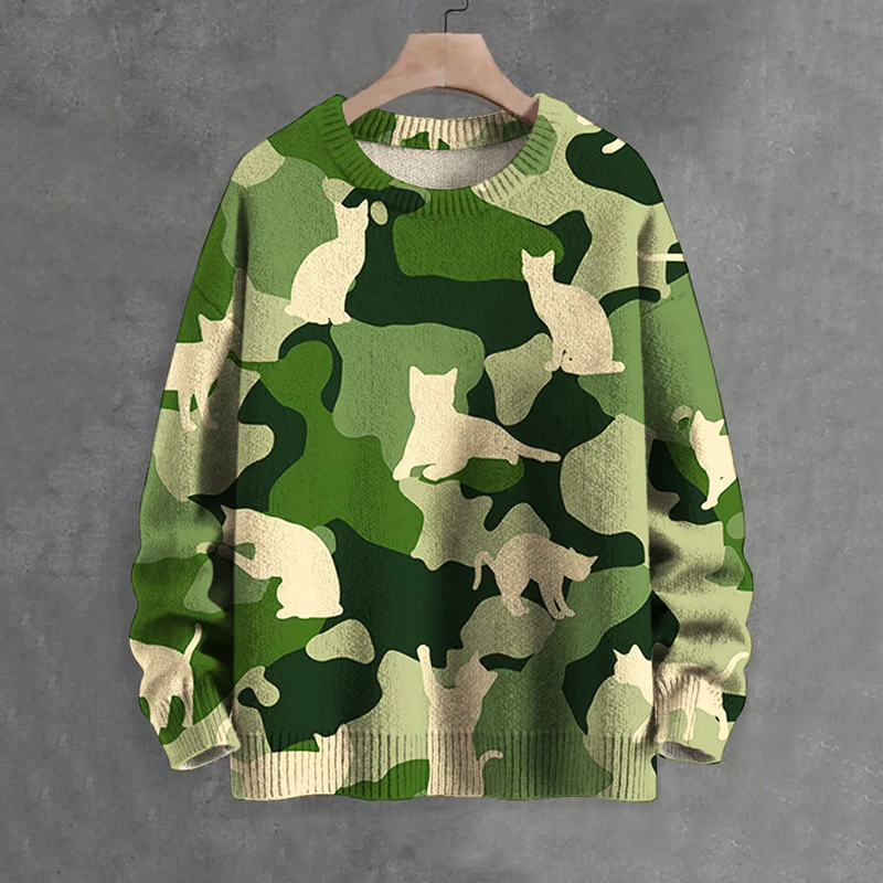 Comstylish Men's Cats Camouflage Art Print Knit Crew Neck Sweater