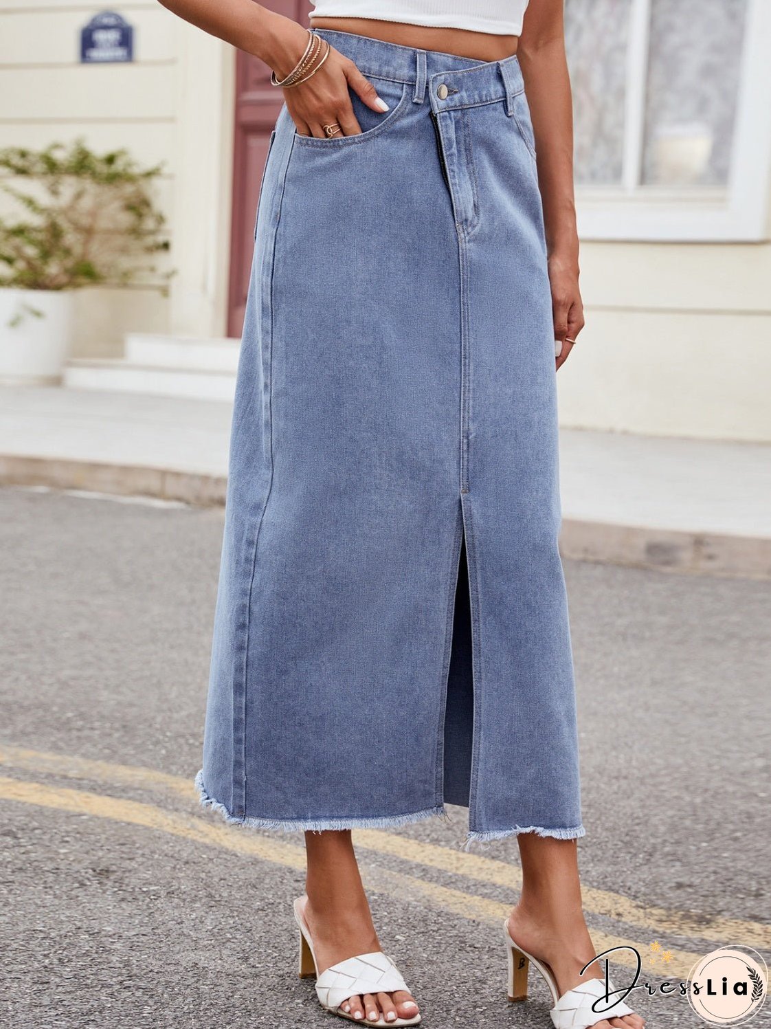 Slit Asymmetrical Waist Denim Skirt