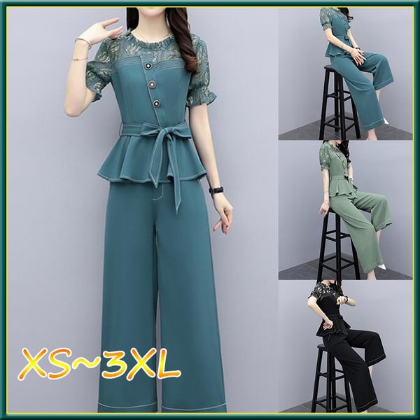 Summer Chiffon Office Two Piece Sets Outfits Women Lace Spliced Belted Tops + Wide Leg Pants Suits Fashion Elegant Sets - Shop Trendy Women's Fashion | TeeYours