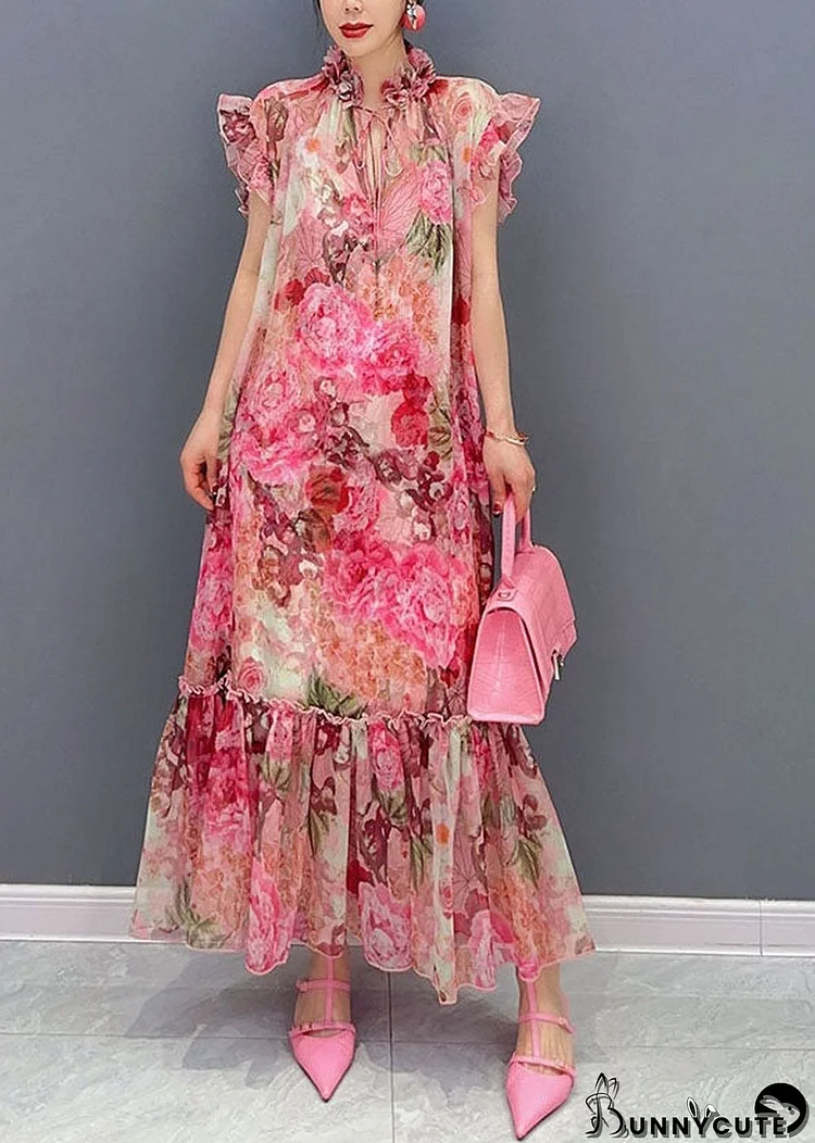 Art Pink Ruffled Print Patchwork Chiffon Two Piece Set Dresses Summer