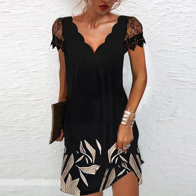 Women Elegant Dresses 2022 New Sexy V Neck Lace Sleeves Solid Black Short Dress Summer Ladies Short Sleeve Printed Party Dress