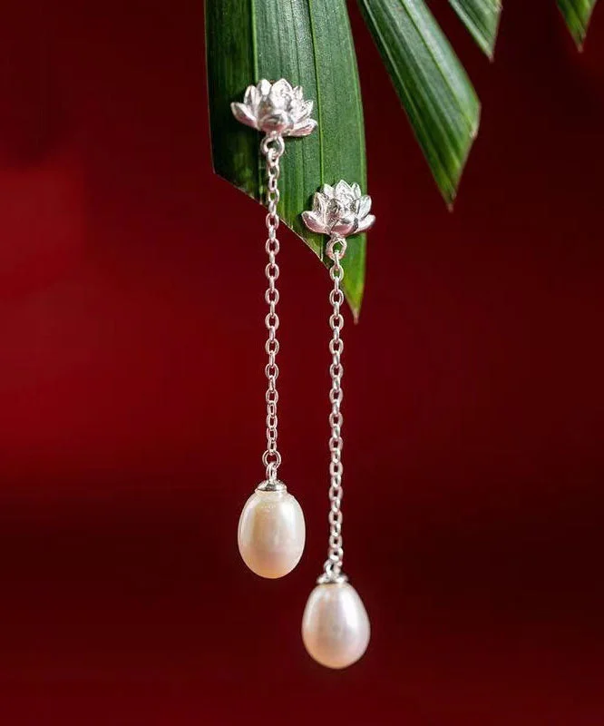 Modern Silk Sterling Silver Inlaid Pearl Lotus Drop Earrings