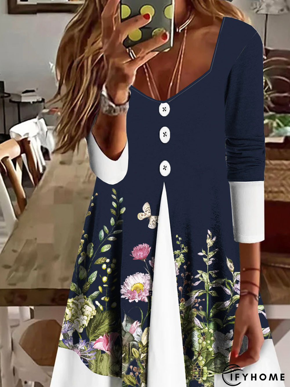 Blue Floral Casual Fluff/Granular Fleece Fabric Buckle Dress | IFYHOME