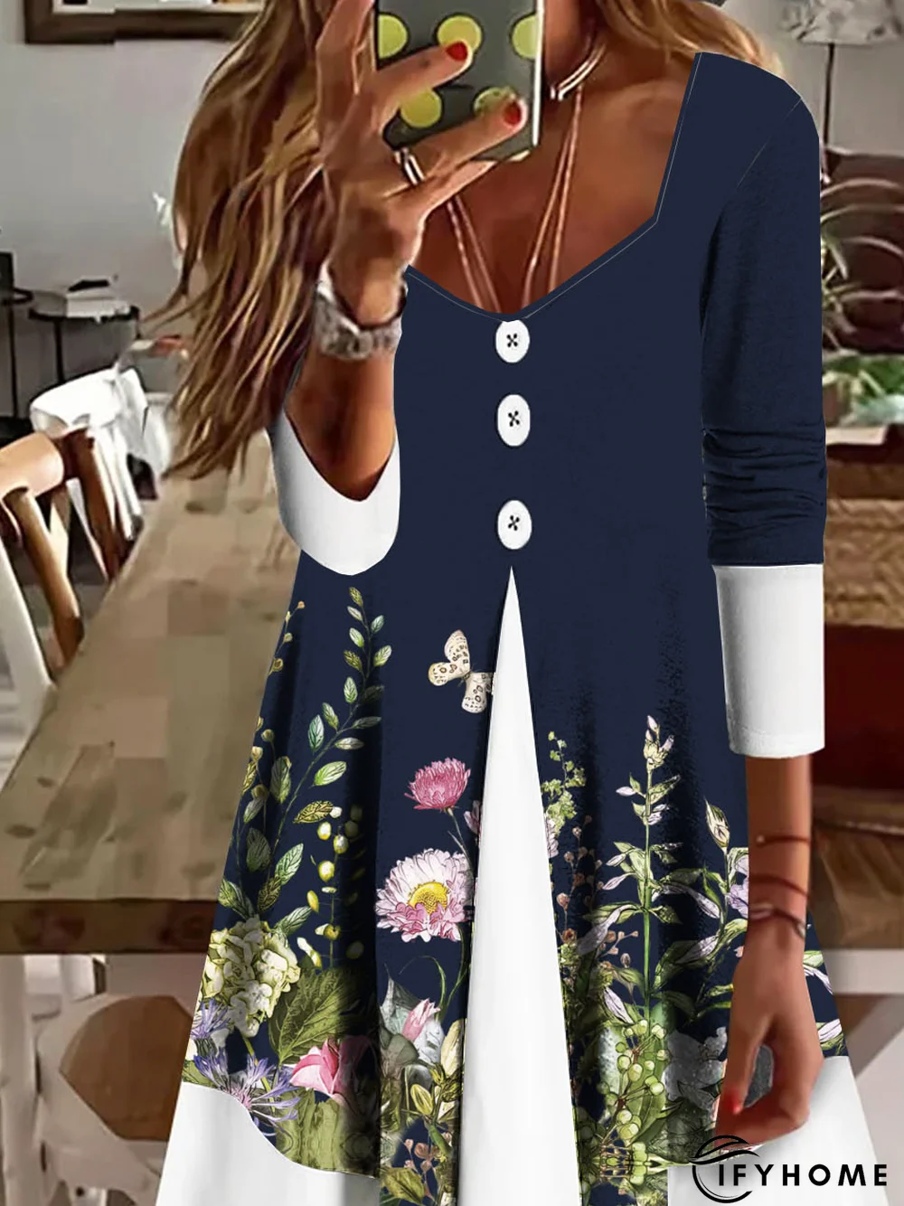 Blue Floral Casual Fluff/Granular Fleece Fabric Buckle Dress | IFYHOME