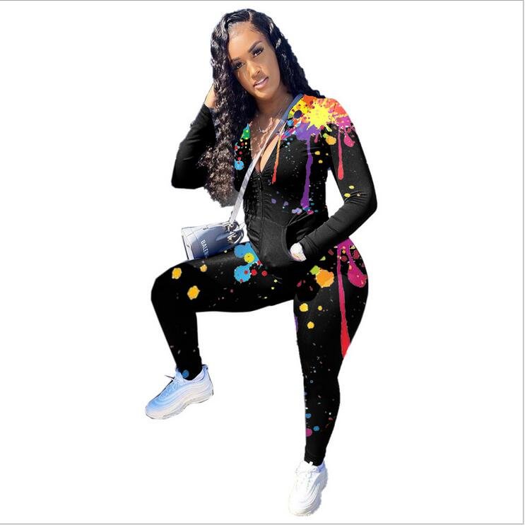 Sport Sweatsuit Graffiti Print Women's Set Zipper Hoodies Legging Pants Set Active Tracksuit Two Piece Fitness Outfits