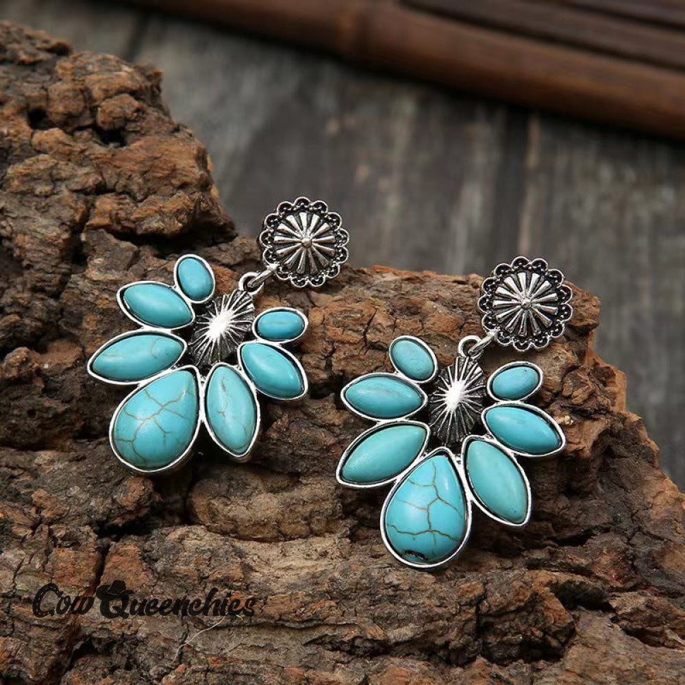 Flower Drop Turquoise Earrings Green