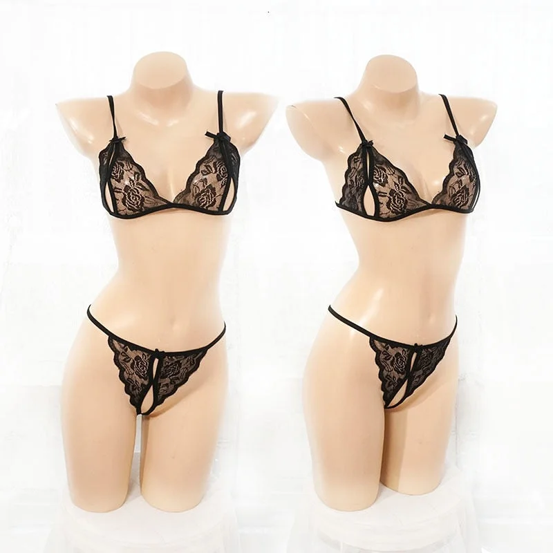 Women's Erotic Lingerie Transparent Crotchless Lace Sexy Underwear Bra Pants Exotic Apparel Pajamas Hot 8 Colors 2pcs Set