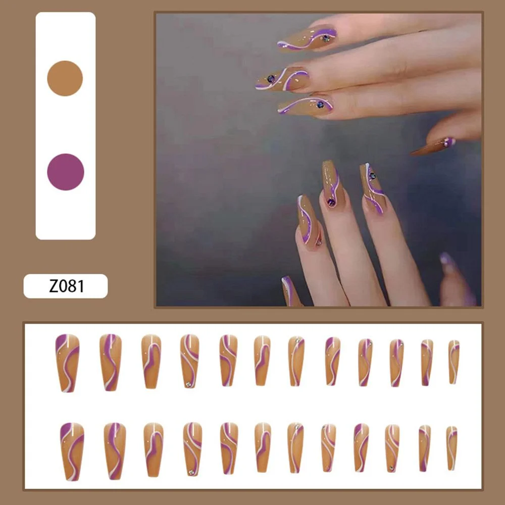 24pcs Fake nails press on Detachable Purple Wavy With diamond Coffin False Nails Wearable Ballerina Nails Full Cover Nail Tips