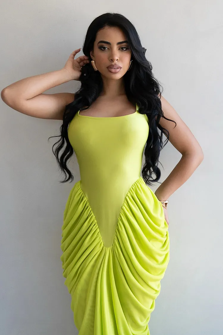 thick strap ruched bodycon dress Square Neck Wide Cinched Waist Gowns Maxi Dresses -Yellow Bodycon midi dress