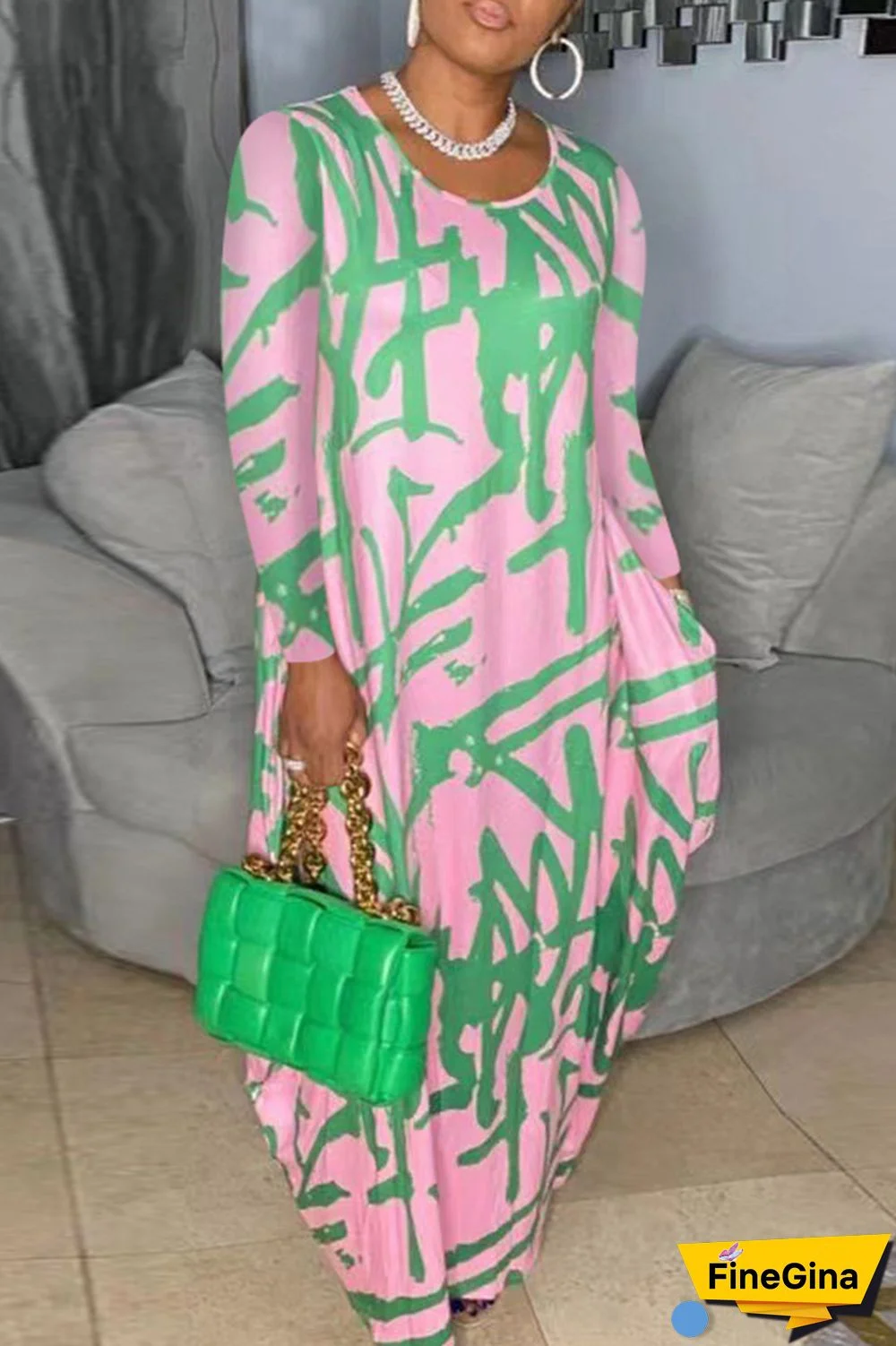 Khaki Casual Print Patchwork O Neck Long Sleeve Dresses