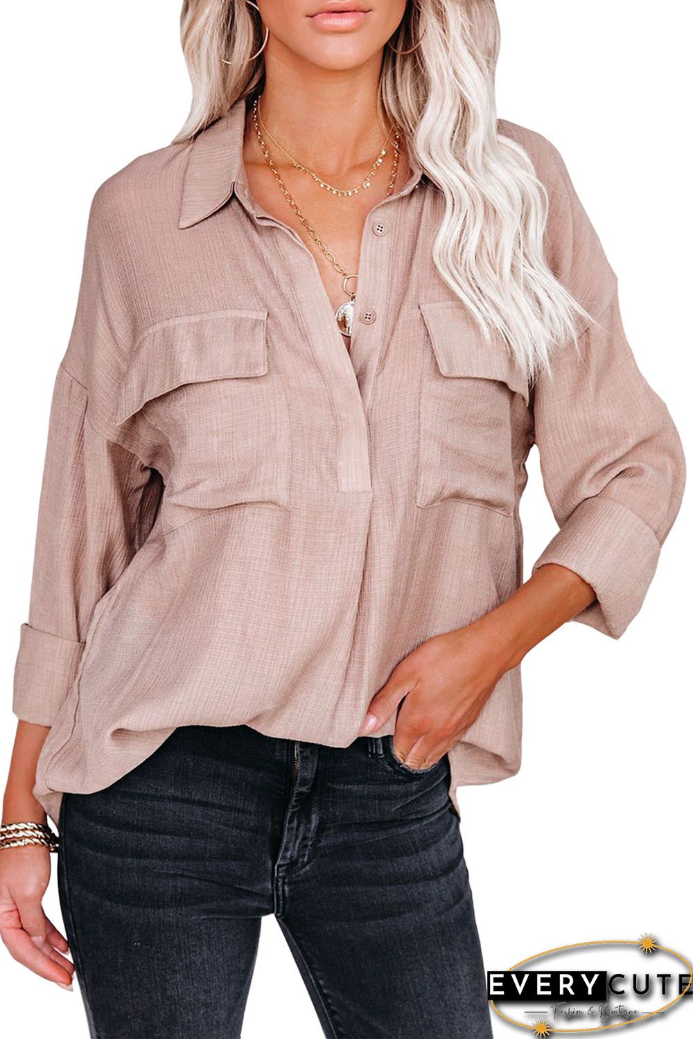Khaki Buttoned Long Sleeve Shirt with Pocket