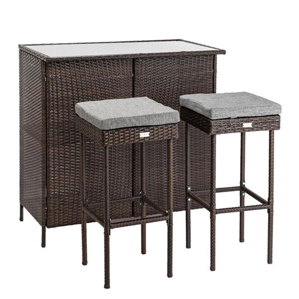 

Outdoor 3-Piece Brown Wicker Bar Set Glass Bar and Two Stools with Cushions, 501 Original