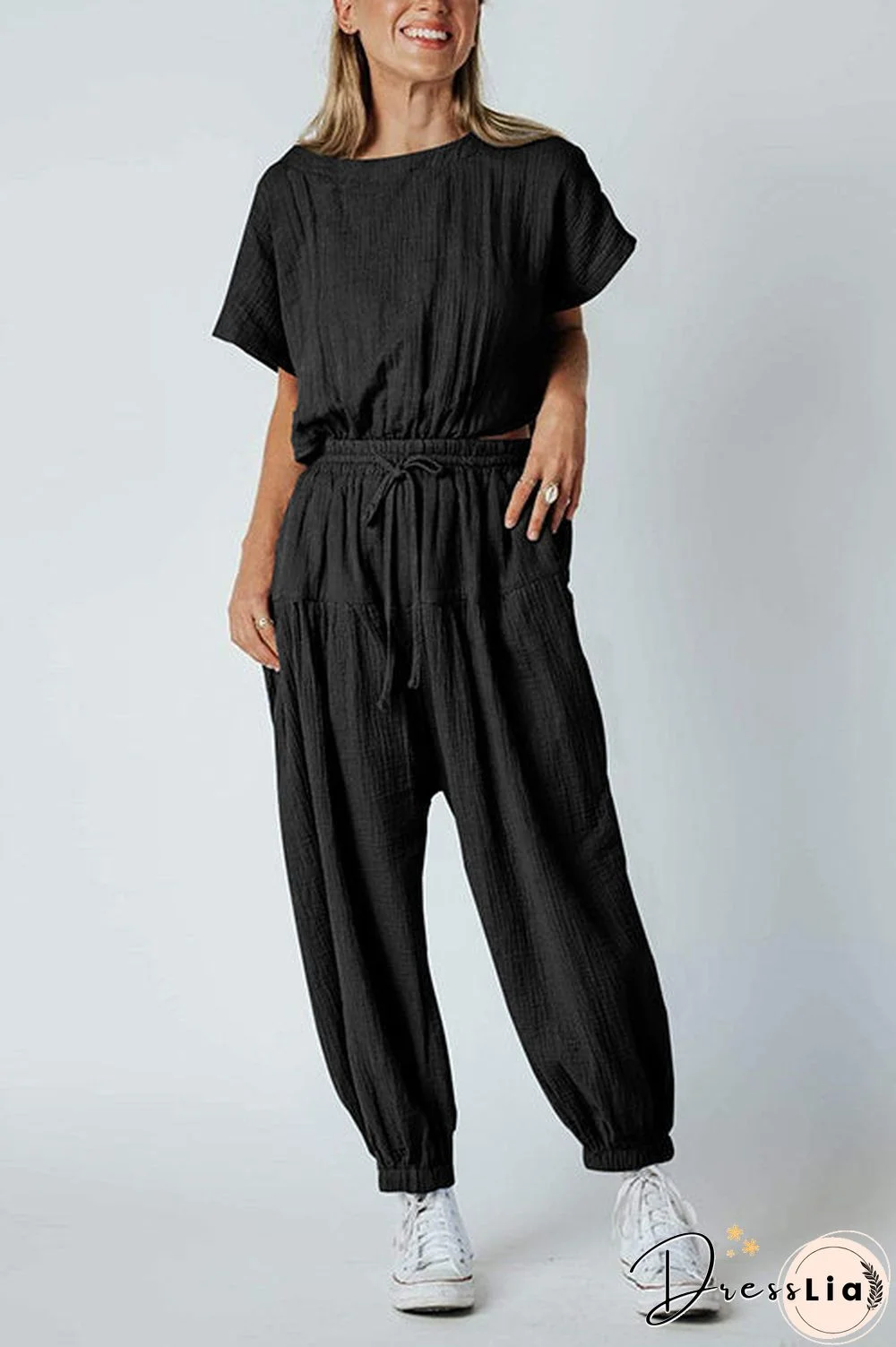 Slit Back Solid Drawstring Jumpsuit