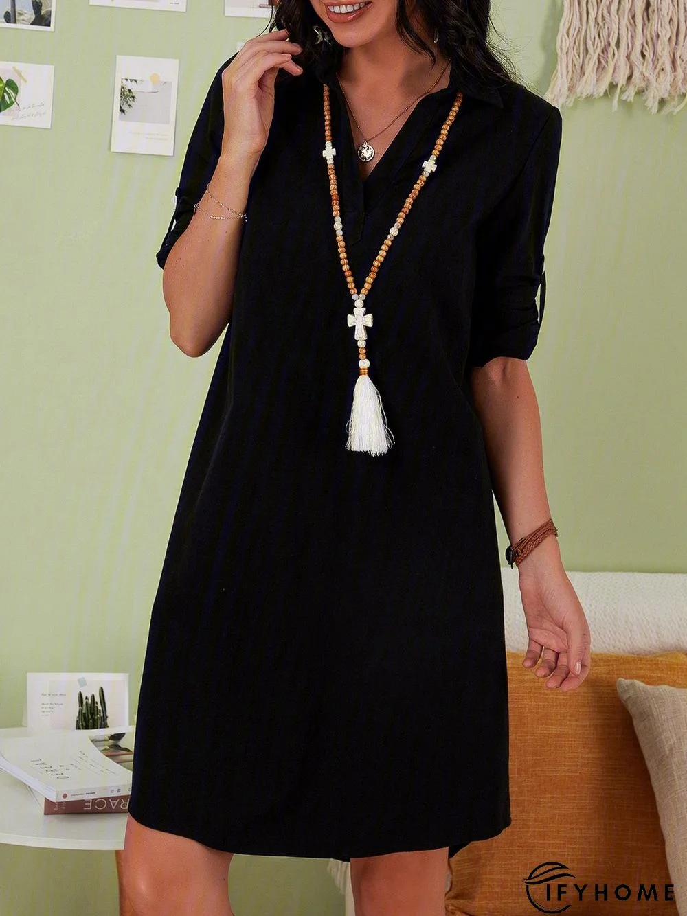 Black Short Sleeve Shirt Collar Midi Weaving Dress | IFYHOME