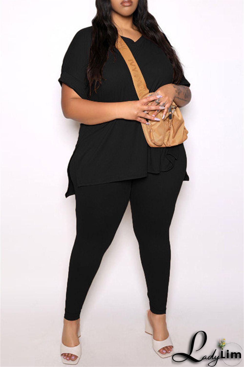 Tibetan Blue Fashion Casual Solid Slit V Neck Plus Size Two Pieces