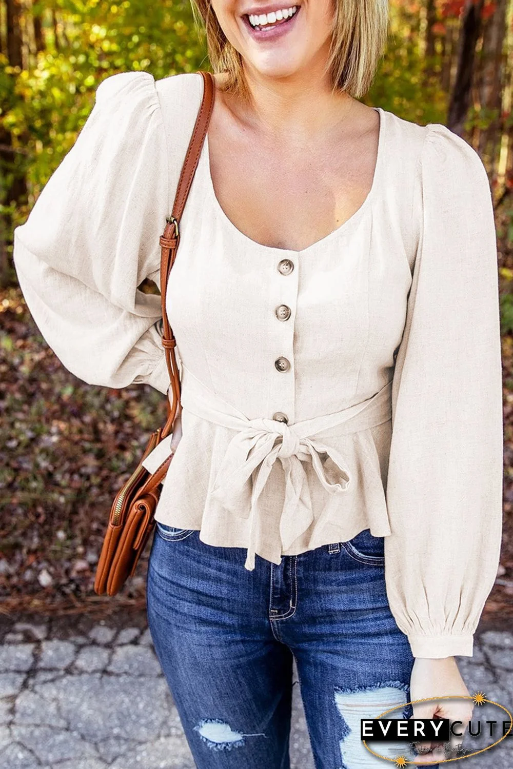 Puff Sleeve Peplum Top with Belt