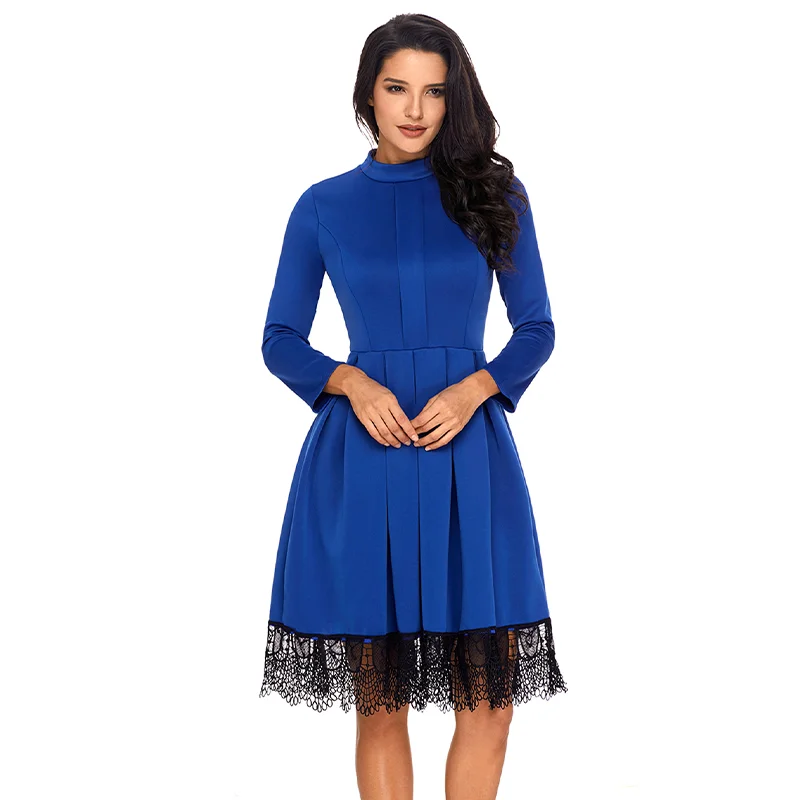 Lace Hemline Detail Blue Long Sleeve Skater Dress