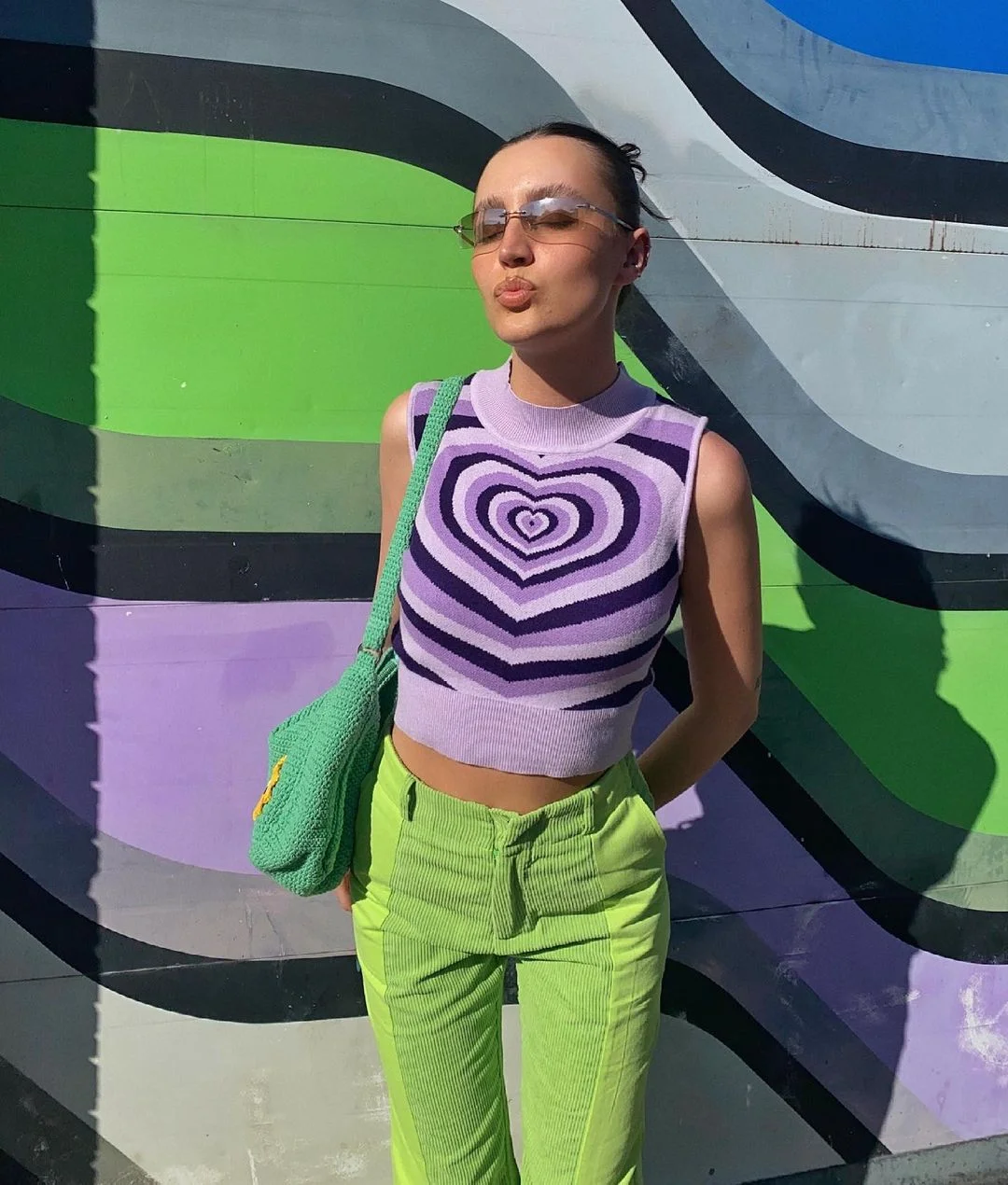 Heart Striped Sweaters Women Y2K Aesthetics Sweater E-girl Sweet Pullovers Long Sleeve Hot Green Sweater 90s Teens Knitwear