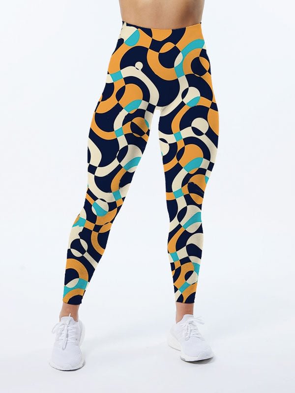 Bubbles and Curves Geometric Design In Orange and Blue Leggings