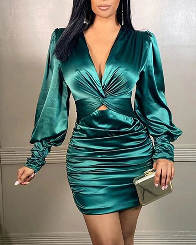 Lantern Sleeve Twisted Satin Ruched Work Dress | EGEMISS