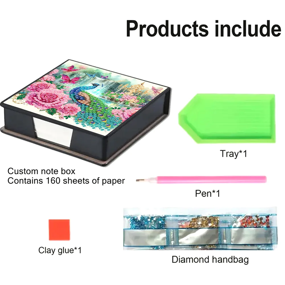 DIY Flower Peacock Leather Diamond Art Note Box with 160 Sheets of Paper for Beginners