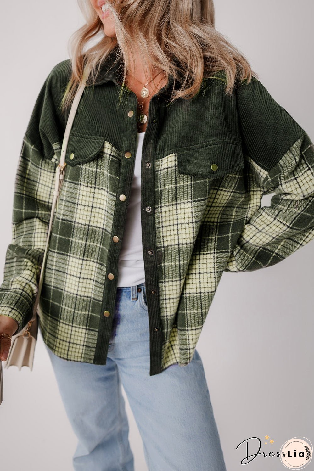 Green Plaid Corduroy Jacket with Pockets