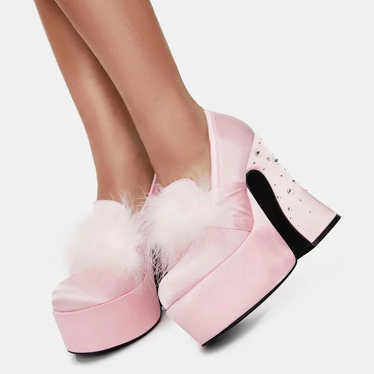 Pink Satin Shoes Elegant Rhinestones Chunky Heel Round Toe Furry Pumps |FSJ Shoes