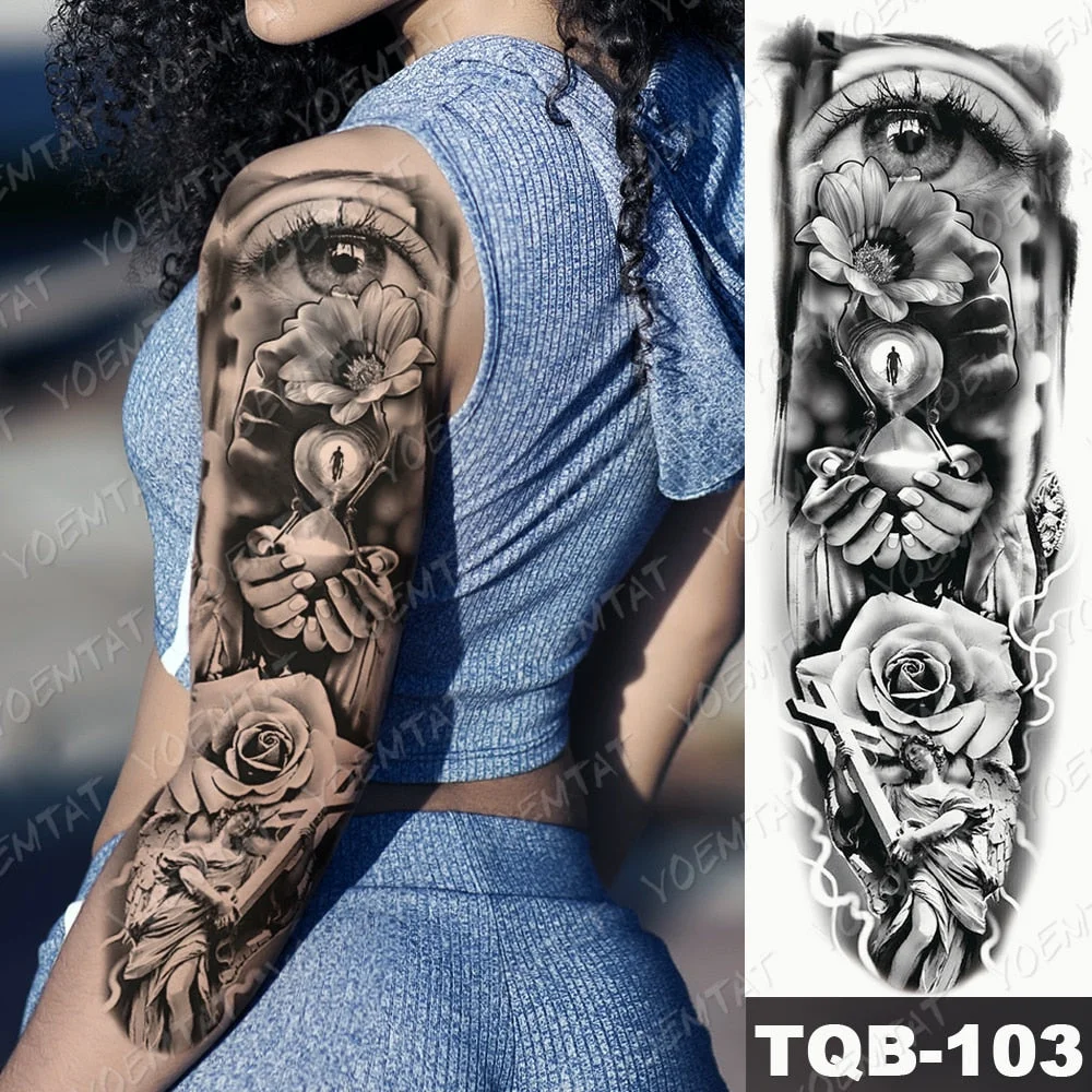Men Full Arm Waterproof Temporary Tattoo Sticker Clock Rose Tiger Totem Transfer Body Art Fake Tatoo Cool sexy tato Woman