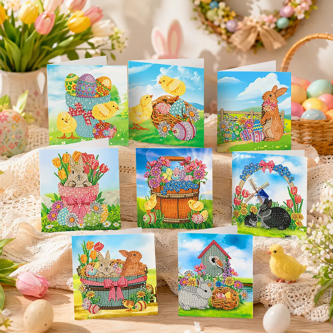8PCS Chick Rabbit DIY Diamond Painting Greeting Card Kits with Envelopes Diamond Art Greeting Cards Diamond Art Cards Kits for Adults DIY Crafts Family Friend Gifts
