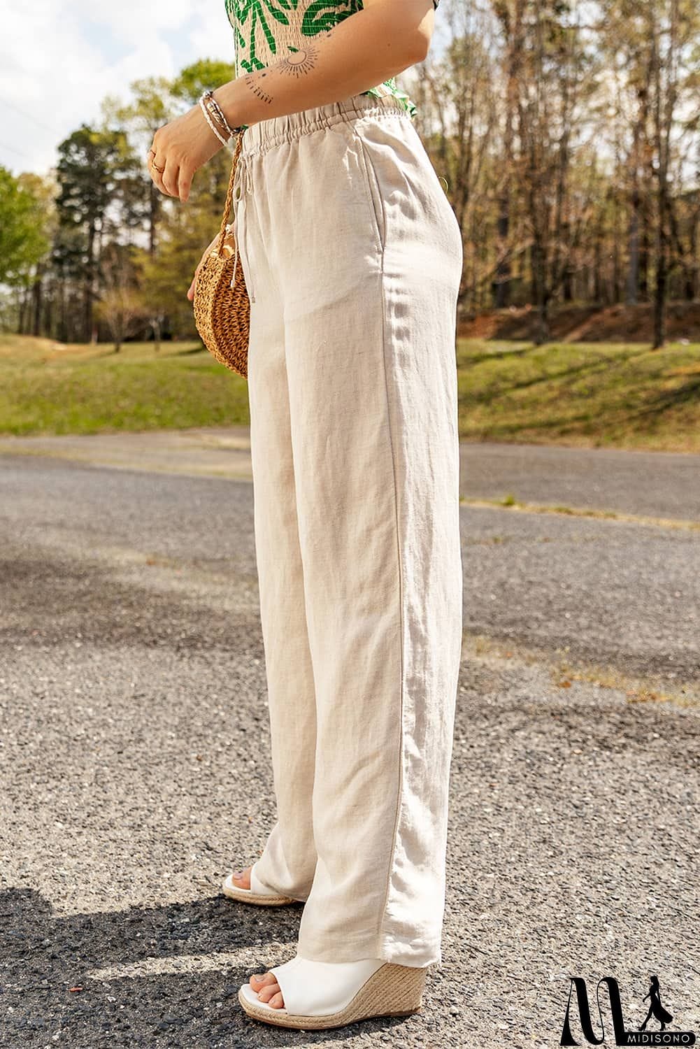 MidiSono - Drawstring Waist Straight Leg Pants