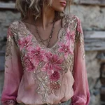 Boho Pink Lily Floral Glitter Gradient Flowy Linen Tunic - Image 2
