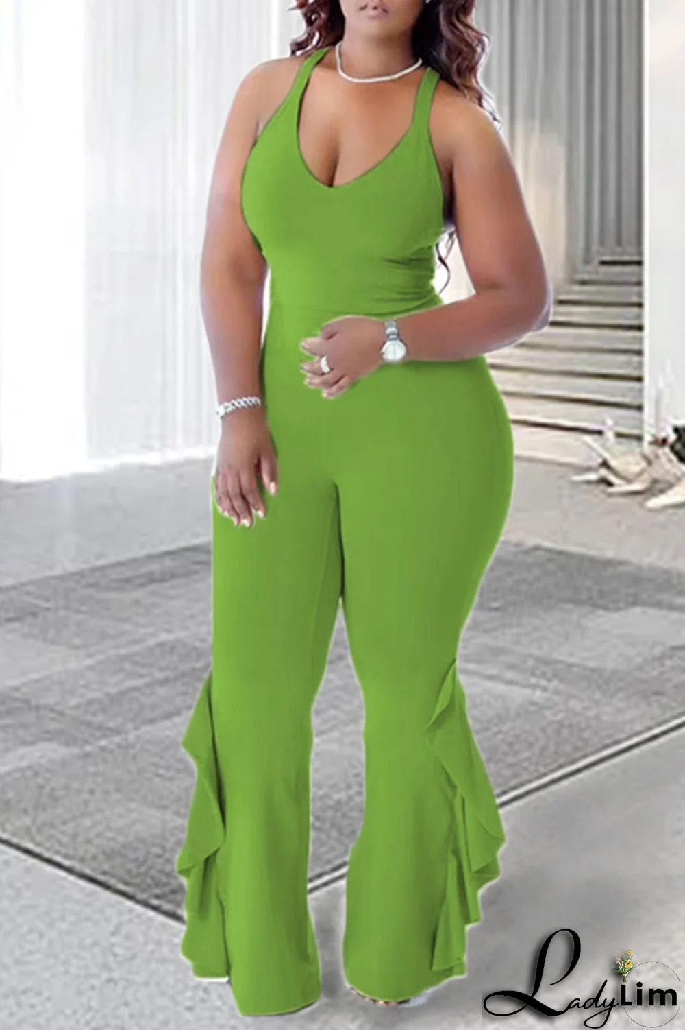 Tangerine Red Casual Solid Patchwork Flounce V Neck Plus Size Jumpsuits