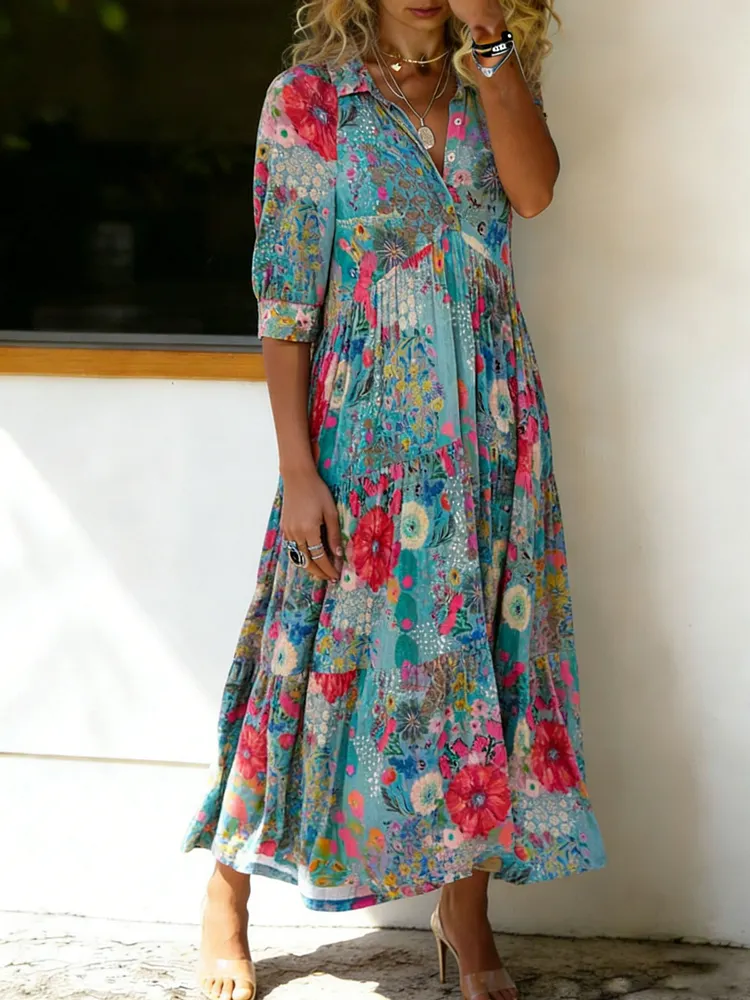 Women&rsquo;s Vintage Flower Print Casual Stylish Short Sleeve Cotton Dress With Pockets