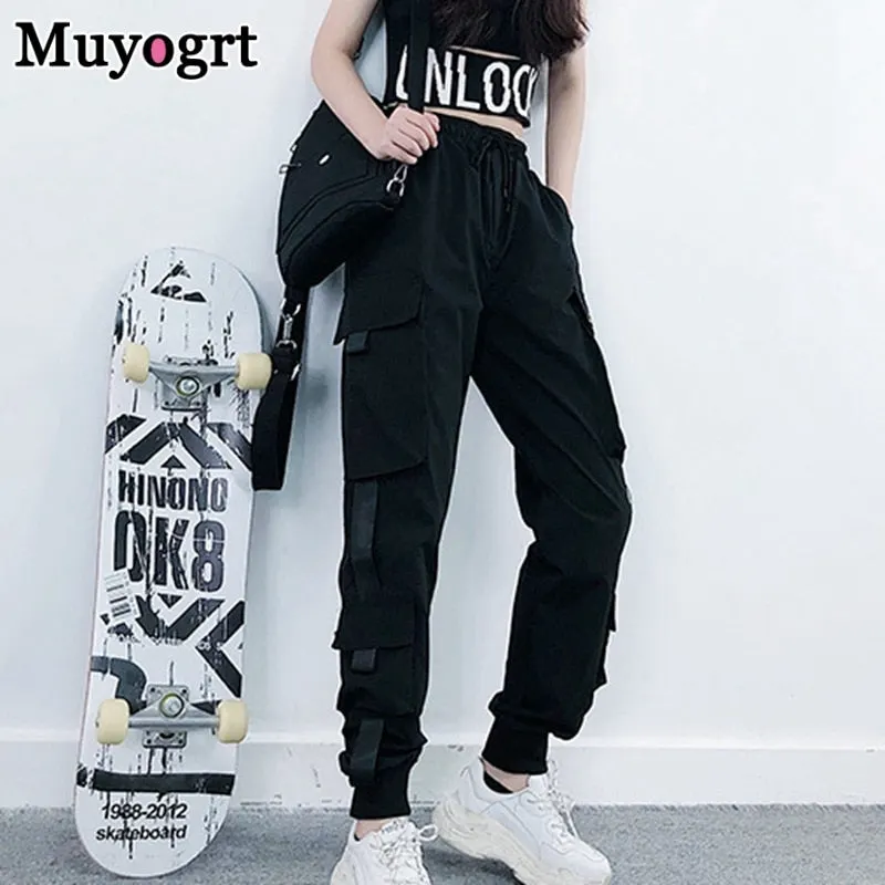 Muyogrt Women's Cargo Pants Black Ribbon Pocket Jogger Elastic Waist High Streetwear Harajuku Punk Females Trousers Harem Pants