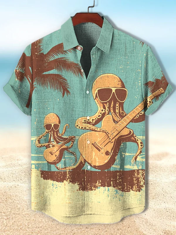 Men's Octopus Playing Guitar Print Short Sleeve Shirt