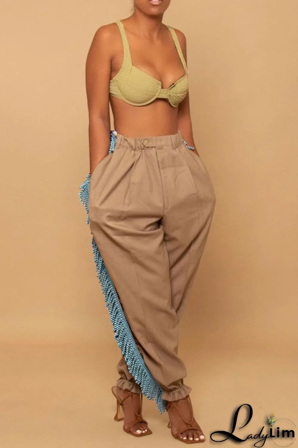 Green Casual Solid Tassel Patchwork Loose High Waist Pencil Solid Color Bottoms