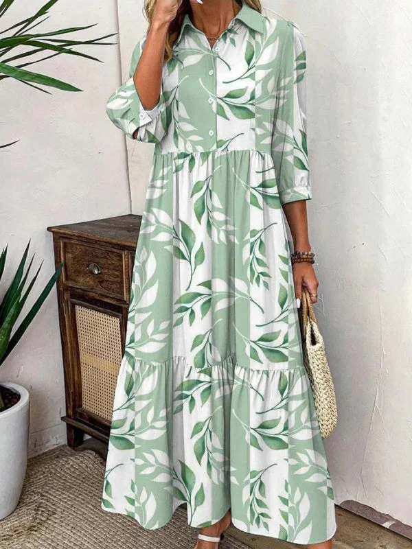 Women Half Sleeve Shirt Collar Floral Printed Graphic Button Maxi Dress