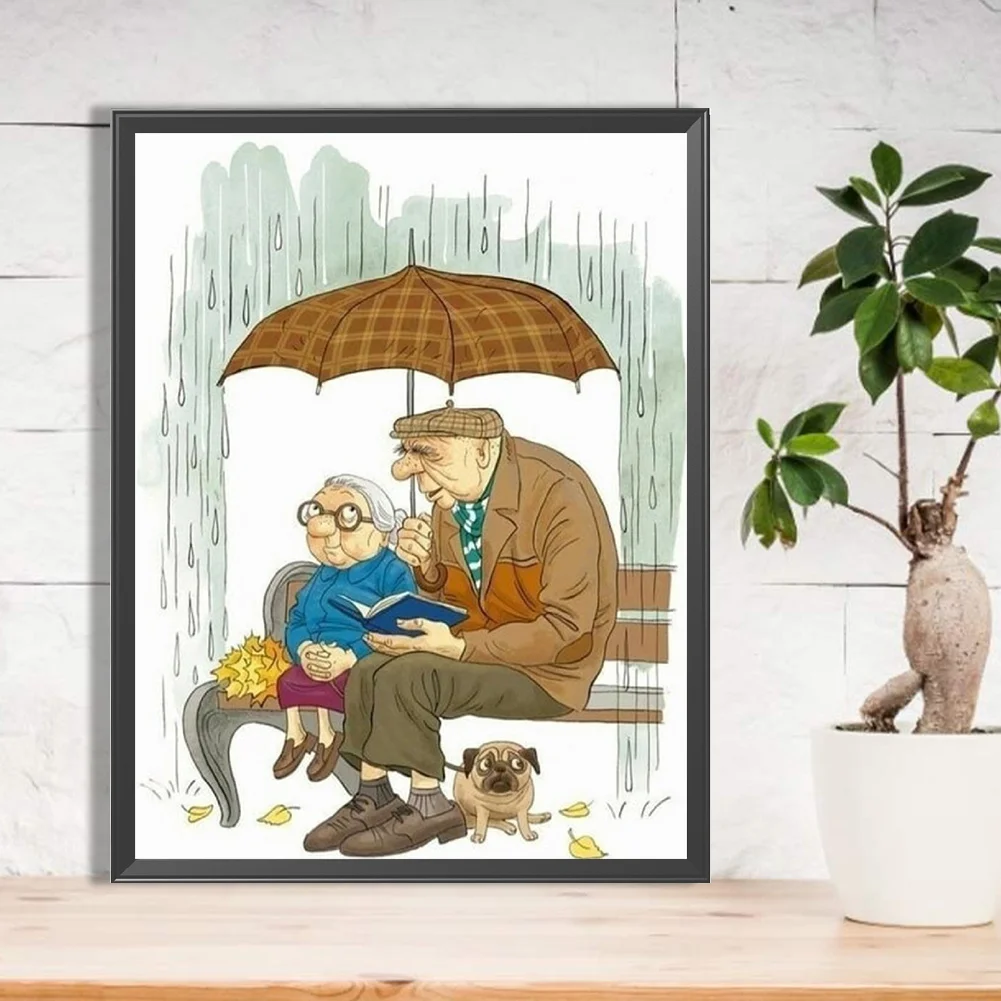 Full Round Diamond Painting 30*40cm - Old Couple Dating In The Rain